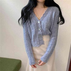 Korean Chic Fashion Gentle Sweet Petal V-Neck Hollowed Short Knitted Sweater Autumn Women Versatile Slim Cardigan Coat 210514