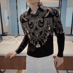 Luxury Gold Printing Slim Fit Streetwear Shirts for Men Retro Casual Floral Shirt Long Sleeve Social Party Blouse Chemise Homme 210527