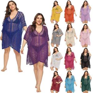 Plus Size Malha Crochet Beach Vestidos e Tunics Amarelo Hollow Out Swim Suit Cover Up V-Pescoço Irregular Beachwear Vermelho 14 Cores 210722