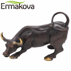 ERMAKOVA Brass Ox Wall Street Bull Figurine Charging Stock Market BullStatue Feng Shui Sculpture Home Office Decoration Gift 210804