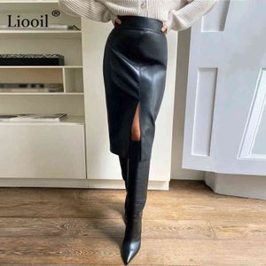 Kobiety Faux Leather Slit Pencil Office Spódnica Jesień Zima Streetwear Wysoka Talia Czarny Brązowy Seksowny Bodycon Midi Spódnice 211119