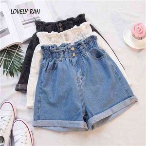 Plus storlek hög midja kvinnors denim shorts elastiska ruffle tjejer jeans kort sommar solida fickor söta dam kvinnliga bottnar 210719