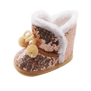 2021 Inverno Baby Boy Girl Paillettes Stivali da neve con palla di peluche Infantile antiscivolo Scarpe da bambino Scarpe da neonato in cotone Scarpe per bambini G1023