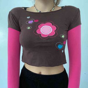 Brown Floral Coração Bordado Falso 2 Peças Y2K Crop Top T-shirt das Mulheres O-pescoço Manga Longa Casual Tshirt Streetwear 210415