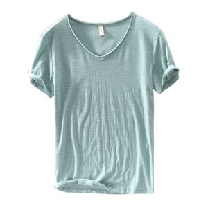 Summer 100% Cotton Green T-shirt Men V-neck Solid Color Casual T Shirt Basic Tees Plus Size Short Sleeve Tops Y2449 210601