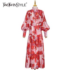 TWOTWINSTYLE Hit Color Printed Midi Dress For Women Stand Collar Lantern Sleeve High Waist Bohemian Dresses Female Fashionable 210517