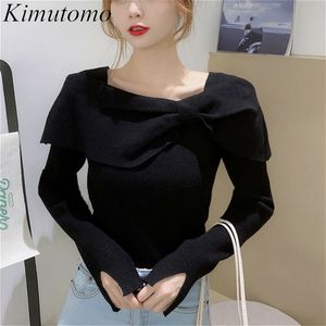 Kimutomo sólido mulheres suaves de malha suéter outono inverno estilo japonês fêmea arco quadrado colarinho pullover outwear elegante 210521