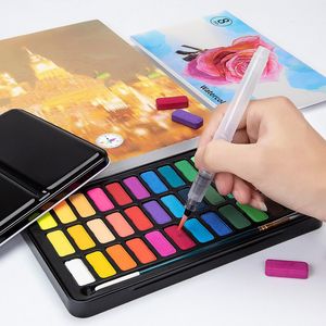 12/18/24/36 cores conjunto de tinta aquarela sólida caixa de metal portátil com caneta material escolar de pintura para estudantes profissionais