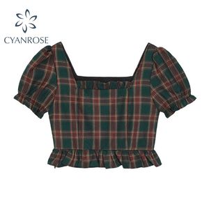 Womens High Waist Elastic Plaid Blouse Summer Korean Retro Slim Preppy Style Elegant Crop Shirts Ladies Chic Blusas Tops 210515