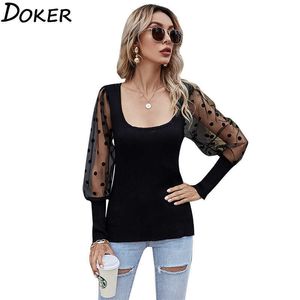 Temperament Women T Shirt Tulle Patchwork Polka Dot Long Sleeve Square Neck Female Tee Solid Color Knit Ladies Tops 210604