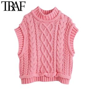 TRAF Women Sweet Fashion CabLe Knitted Cropped Vest Sweater Vintage High Neck Sleeveless Female Waistcoat Chic Tops 210415