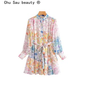 Chu Sau Beauty Fashion Blogger Styl Szyfonowy Kwiatowy Drukuj Mini Dress Kobiety Vintage Latarnia Rękaw Kokusz Sashes Wakacje Suknie 210508