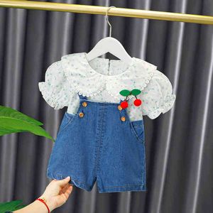 Baby Girl Clothes Summer Cute Puff Sleeve Toddler Girl Outfit Lace Lapel Flower Print Siamese Sling Sweet Princess 2-Piece Set G0119