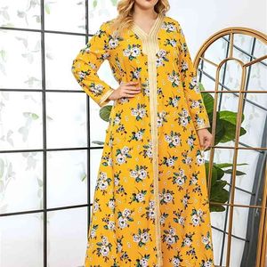 Floral Dress Woman Spring Ribbon Patchwork Long Sleeve Casual Loose Plus Size Fashion Muslim Turkish Clothing 210517