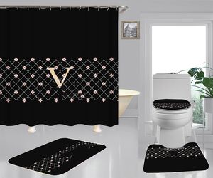 Letter Printed Shower Curtains 4 Piece Set Waterproof Designer Curtain Toilet Cover Mats For Bathroom Accessories