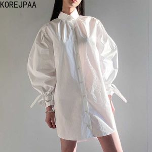 Korejpaa Women Dress Summer Chic Simple White Versatile Lapel Single Row Button Loose Lantern Sleeve Mini Shirt Dresses 210526