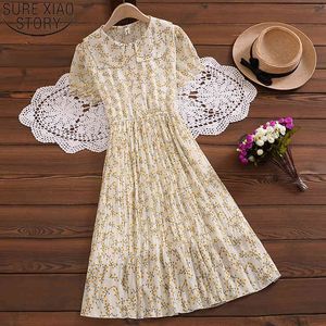 Women Pleated Preppy Style Fashion Summer Sweet Chiffon Floral Print High Waist Short Sleeve Party Midi Dress 9859 210417