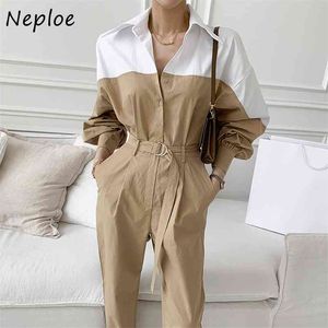 Arbetsstil OL Casual Jumpsuits Kvinnor Hög Wiast Hip Sashes Straight Bodysuits Femme Hit Färg Långärmad Playsuits 210422