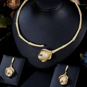 Ohrringe Halskette GODKI 4PCS Afrika Lokales Schmuckset für Frauen Hochzeit Zirkonia Gold Farbe Dubai Braut