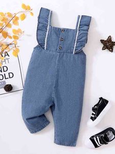 Bebê guipure lace detalhe plissado guarnição jeans jumbsuit ela