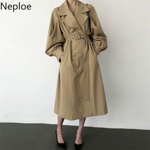 Koreański Chic Temperament Retro Mid Długi Trench Coat Turn Down Collar Slim Talia Sznurująca Ropa Mujer Jesień Przycisk Moda 210422