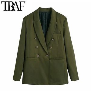 TRAF Kadınlar Moda Kruvaze Ofis Giyim Blazer Ceket Vintage Uzun Kollu Welt Cepler Kadın Giyim Şık Veste 211122