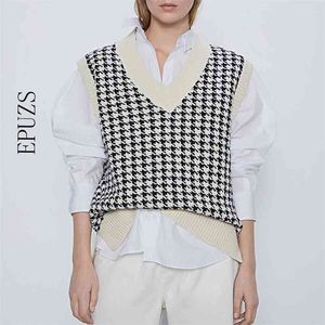 Kvinnor Fashion Oversized Stickad Vest Sweater V Nacke Ärmlös Houndstooth Loose Female Waistcoat Chic Toppar 210521