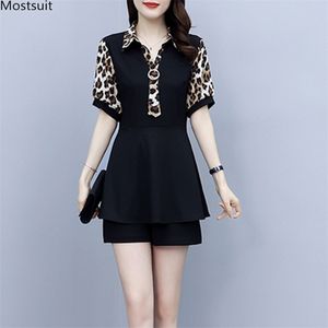 Summer Elegant Two Piece Set For Women Plus Size Shorts Sets Short Sleeve Tunic Tops + Elastic Waist Suits Outfits Korean 210513