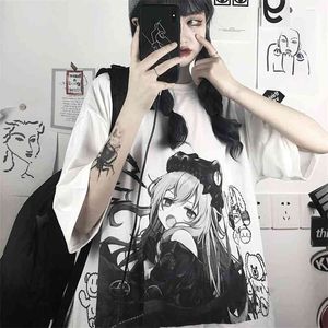 Short Sleeve T-shirt Japanese Anime Print Female Korean Loose White Punk Women Clothes Harajuku Graphic Tees Kawaii Tshirt 210720