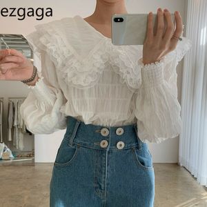 Ezgaga Peter Pan Collar Mulheres Camisas Chic Vintage Francês Estilo Doce Menina Longa Puff Manga Lace Ruched Coreano Branco Tops Moda 210430