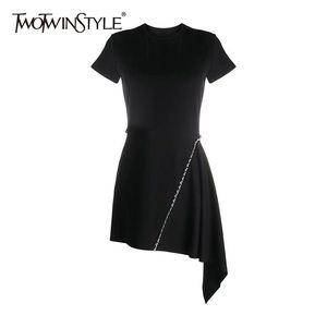 Black Patchwork Diamond Dress For Female O Neck Short Sleeve High Waist Irregular Hem Dresses Women Style 210520