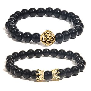 Mens Bracelet 8MM Black Onyx Strands Beaded Jewelry Lion Head and Micro Pave Crown Wrist Bracelets for Women
