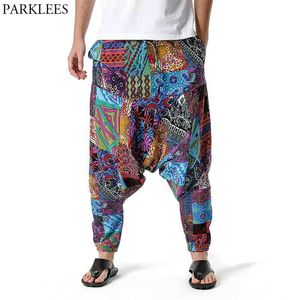 Men's African Print Harem Baggy Genie Boho Pants Casual Cotton Yoga Drop Crotch Joggers Sweatpants Hip Hop Traditional Trousers 210522