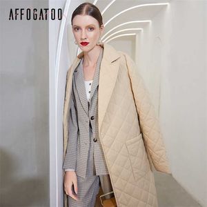 Affogato Long straight coat with rhombus pattern Casual sashes women winter parka Deep pockets tailored collar stylish outerwear 210930