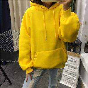 Vinter Solid Färg Ulzzang Punk Kvinnor Casual Höst Plus Velvet Harajuku Vintage Fashion Loose Pocket Hooded Ins Sweatshirt 210608