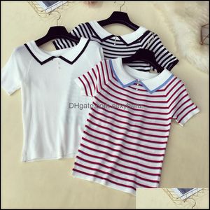 Womens T-Shirt Tops & Tees Clothing Apparel Knitted Short Sleeve Pearl Stripe T-Shirts Girls Knitting Stetchy T Shirts Top For Female Drop D