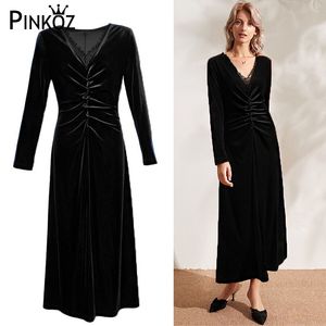 Wiosna Kobiety Aksamitna Sukienka Z Długim Rękawem Koronki V Neck Vintage Eleganckie Sukienki Party Ruched Wysoka Talia Plus Rozmiar Robe Vestido 210421