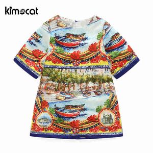 Kimocat Summer Girls Dress vintage Chinese customs ink painting printing Princess Prom Party children clothing costume kids Q0716