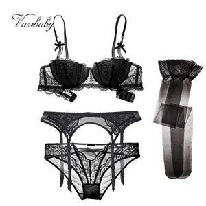 Varsbaby Sexy Bow Underwire Metade Cup Push Up Sutiã Set 4 Pcs Bra + Calcinha + Garter + Meias para Senhoras 211104