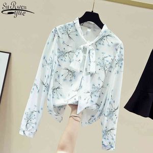 Autumn Korean Style Long Sleeve Women's Shirt Elegant Bow Collar Printed Chiffon Blouse Casual Floral Lace-up Cardigan 11172 210427