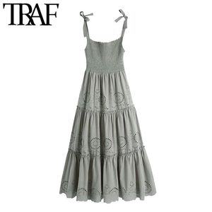 TRAF Women Chic Fashion Hollow Out Embroidery Smocked Midi Dress Vintage Sleeveless Tie-up Straps Female Dresses Mujer 210415