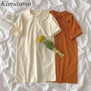 Kimutomo Moda Solid Peter Pan Collar Dress Elegancki Krótki Rękaw Summer Koreański Styl Kobieta Loose High Waist Vestidos Casual 210521