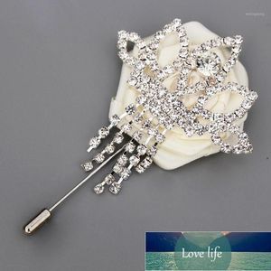 Bröllop Elfenben Boutonniere För Män Satin Ribbon Rose Groom Knapphål Silver Tassels Lapel Pin Brosch Party Tillbehör XH1801 Fabrikspris Expert Design Kvalitet