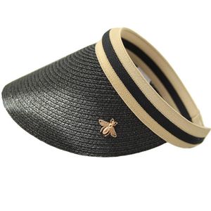 Cappelli a tesa larga SummeCappuccio in paglia Protezione solare da donna Cappello da spiaggia esterno coreano con parte superiore vuota ape in metallo per donna