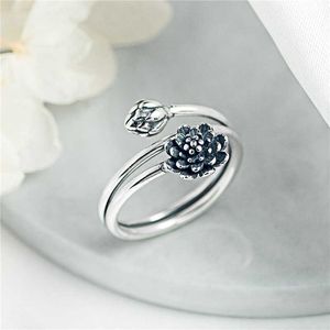 Flyleaf Sterling Silver Vintage Kształt Kształt Lotosowy Kwiat Otwarte Pierścienie Dla Kobiet Chiński Styl Lady Sterling Silver Jewelry