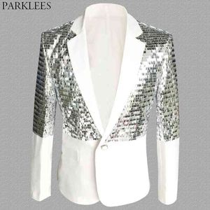 Mens One Button Patchwork Sequin Glitter Suit Jacket Märke Nattklubb DJ Prom Blazer Male Bröllop Groom Stage Kostymer 210522