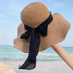 أزياء خمر المرأة سترو قبعة الصيف شاطئ الشمس كاب عطلة في الهواء الطلق عطلة عارضة قبعات شاطئ البحر واسعة حافة القبعات مع bowkont