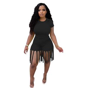 Novo 3xl 4xl 5xl verão feminino plus size roupas de treino de algodão sólido manga curta camiseta + shorts borlas conjunto de duas peças casual jogger terno preto roupas esportivas 4900