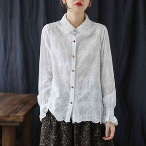 Johnature Kadınlar Beyaz Nakış Gömlek ve Tops Turn-down Yaka Düğmesi Uzun Kollu Bahar Mori Kız Pamuk Bluzlar 210521