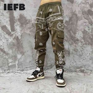 IEFB Mäns Casual Pants High Street Cargo Byxor Cashew Flower Printed Multi-Pocket Slim Green Casual Trousers 9Y7291 210524